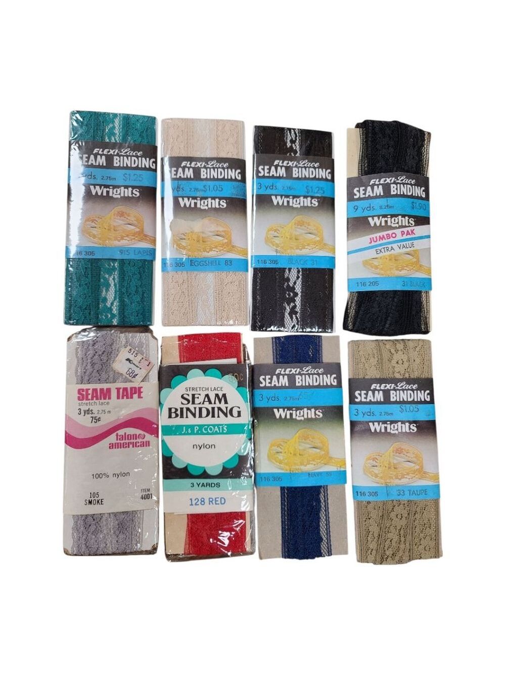 8 Packs Asst Vintage Flexi-Lace Seam Binding